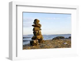 Canada, British Columbia, Russell Island. Rock Inukshuk in front of Salt Spring Island.-Kevin Oke-Framed Photographic Print