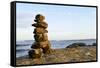 Canada, British Columbia, Russell Island. Rock Inukshuk in front of Salt Spring Island.-Kevin Oke-Framed Stretched Canvas