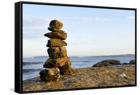 Canada, British Columbia, Russell Island. Rock Inukshuk in front of Salt Spring Island.-Kevin Oke-Framed Stretched Canvas