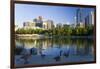 Canada Geese Resting at a Lake with Skyline, Calgary, Alberta, Canada-Peter Adams-Framed Premium Photographic Print