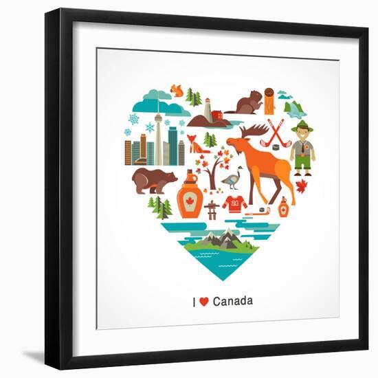 Canada Love - Heart With Many Icons And Illustrations-Marish-Framed Art Print