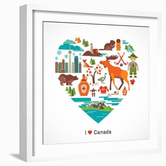 Canada Love - Heart With Many Icons And Illustrations-Marish-Framed Art Print