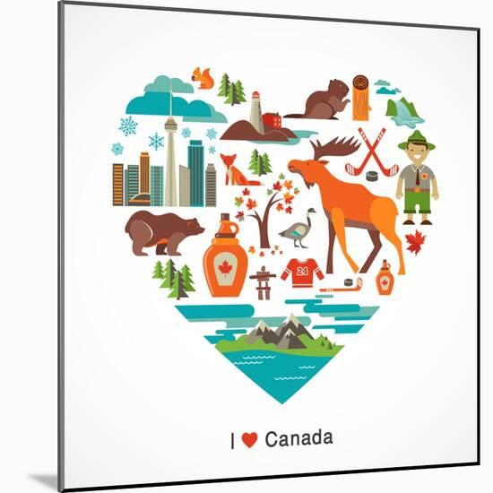 Canada Love - Heart With Many Icons And Illustrations-Marish-Mounted Art Print