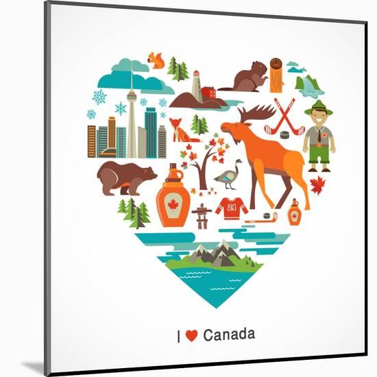 Canada Love - Heart With Many Icons And Illustrations-Marish-Mounted Art Print