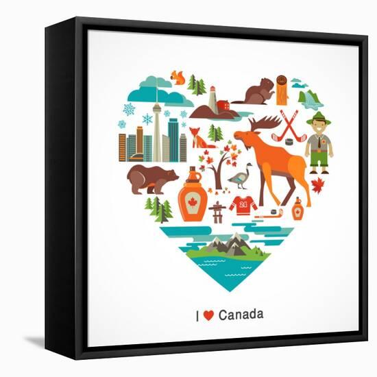 Canada Love - Heart With Many Icons And Illustrations-Marish-Framed Stretched Canvas