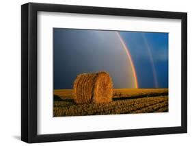 Canada, Manitoba. Double rainbow and hay bale after prairie storm.-Jaynes Gallery-Framed Photographic Print