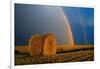 Canada, Manitoba. Double rainbow and hay bale after prairie storm.-Jaynes Gallery-Framed Photographic Print