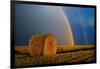 Canada, Manitoba. Double rainbow and hay bale after prairie storm.-Jaynes Gallery-Framed Photographic Print