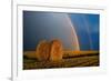 Canada, Manitoba. Double rainbow and hay bale after prairie storm.-Jaynes Gallery-Framed Photographic Print