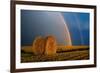 Canada, Manitoba. Double rainbow and hay bale after prairie storm.-Jaynes Gallery-Framed Photographic Print