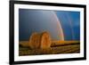 Canada, Manitoba. Double rainbow and hay bale after prairie storm.-Jaynes Gallery-Framed Photographic Print