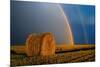 Canada, Manitoba. Double rainbow and hay bale after prairie storm.-Jaynes Gallery-Mounted Photographic Print