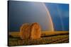 Canada, Manitoba. Double rainbow and hay bale after prairie storm.-Jaynes Gallery-Stretched Canvas