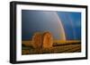 Canada, Manitoba. Double rainbow and hay bale after prairie storm.-Jaynes Gallery-Framed Photographic Print