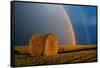 Canada, Manitoba. Double rainbow and hay bale after prairie storm.-Jaynes Gallery-Framed Stretched Canvas