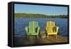 Canada, Manitoba, Whiteshell Provincial Park. Muskoka chairs on Star Lake dock.-Jaynes Gallery-Framed Stretched Canvas