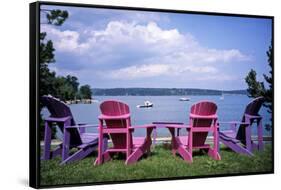 Canada, Nova Scotia, Mahone Bay, Colorful Adirondack Chairs Overlook the Calm Bay-Ann Collins-Framed Stretched Canvas