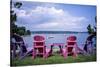 Canada, Nova Scotia, Mahone Bay, Colorful Adirondack Chairs Overlook the Calm Bay-Ann Collins-Stretched Canvas