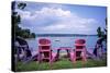 Canada, Nova Scotia, Mahone Bay, Colorful Adirondack Chairs Overlook the Calm Bay-Ann Collins-Stretched Canvas