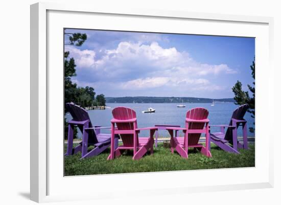 Canada, Nova Scotia, Mahone Bay, Colorful Adirondack Chairs Overlook the Calm Bay-Ann Collins-Framed Photographic Print