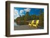 Canada, Ontario, Grundy Lake Provincial Park. Muskoka chairs on lake dock.-Jaynes Gallery-Framed Photographic Print