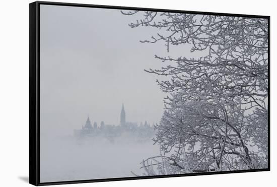 Canada, Ottawa, Ottawa River. Parliament Buildings Seen Through Fog-Bill Young-Framed Stretched Canvas