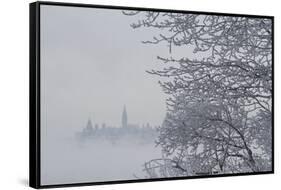 Canada, Ottawa, Ottawa River. Parliament Buildings Seen Through Fog-Bill Young-Framed Stretched Canvas