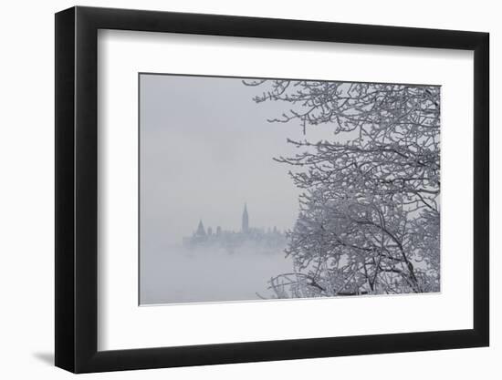 Canada, Ottawa, Ottawa River. Parliament Buildings Seen Through Fog-Bill Young-Framed Photographic Print