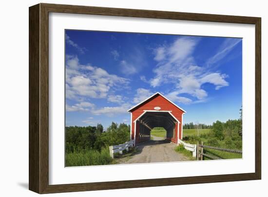 Canada, Quebec, Ste. Jeanne d'Arc. Covered bridge over stream.-Jaynes Gallery-Framed Photographic Print