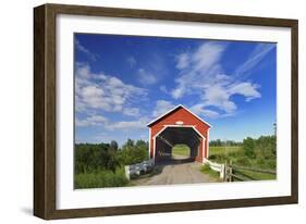 Canada, Quebec, Ste. Jeanne d'Arc. Covered bridge over stream.-Jaynes Gallery-Framed Photographic Print