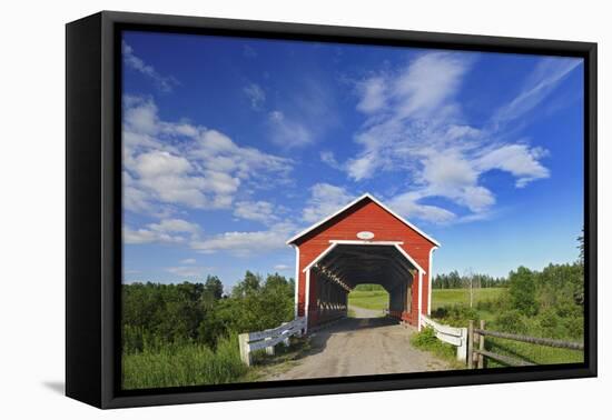 Canada, Quebec, Ste. Jeanne d'Arc. Covered bridge over stream.-Jaynes Gallery-Framed Stretched Canvas