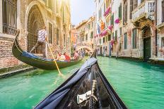 Beautiful View of Traditional Gondola on Famous Canal Grande with Rialto Bridge at Sunset in Venice-canadastock-Photographic Print