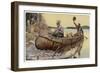 Canadian Canoe at a Riverbank Camp-null-Framed Art Print