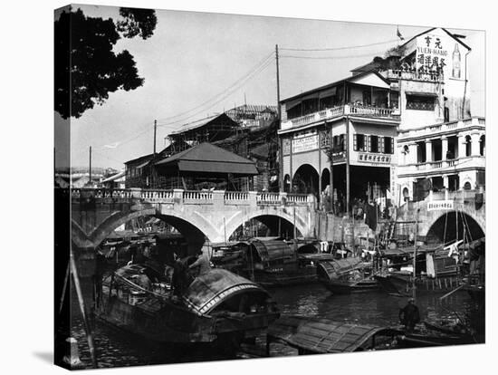 Canal and Bridge, Canton, China, C. 1910-null-Stretched Canvas