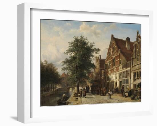 Canal Beside a Cobblestoned Street with Peasants-Cornelis Springer-Framed Art Print