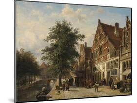 Canal Beside a Cobblestoned Street with Peasants-Cornelis Springer-Mounted Art Print