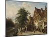 Canal Beside a Cobblestoned Street with Peasants-Cornelis Springer-Mounted Art Print