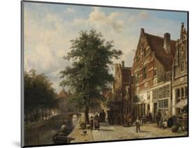 Canal Beside a Cobblestoned Street with Peasants-Cornelis Springer-Mounted Art Print