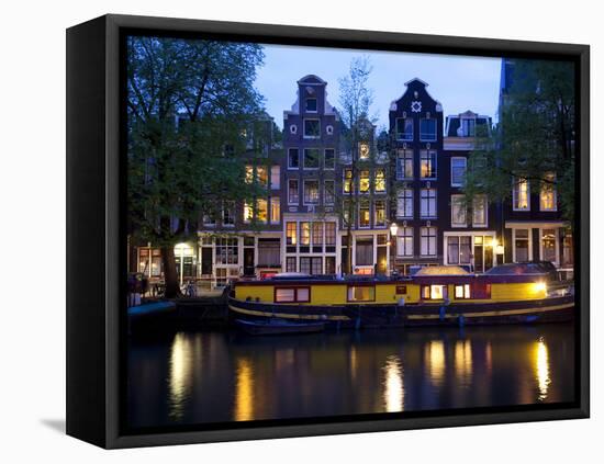 Canal Boat and Architecture, Amsterdam, Holland, Europe-Frank Fell-Framed Stretched Canvas