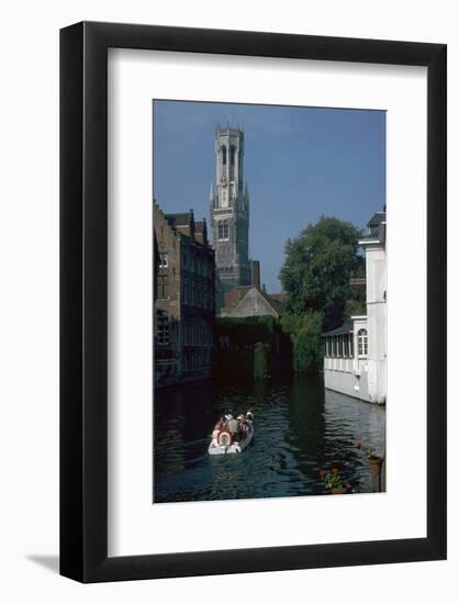 Canal, old houses, and the Belfrey of the Tour Des Halles in Bruges-Unknown-Framed Photographic Print