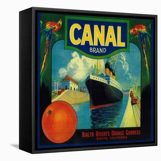 Canal Orange Label - Rialto, CA-Lantern Press-Framed Stretched Canvas