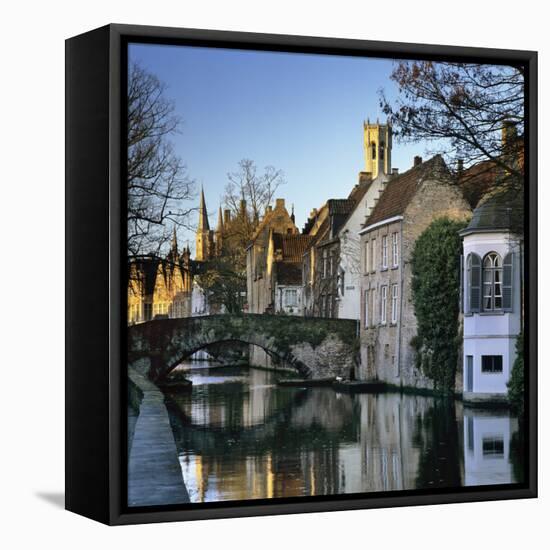 Canal View with Belfry in Winter, Bruges, West Vlaanderen (Flanders), Belgium, Europe-Stuart Black-Framed Stretched Canvas
