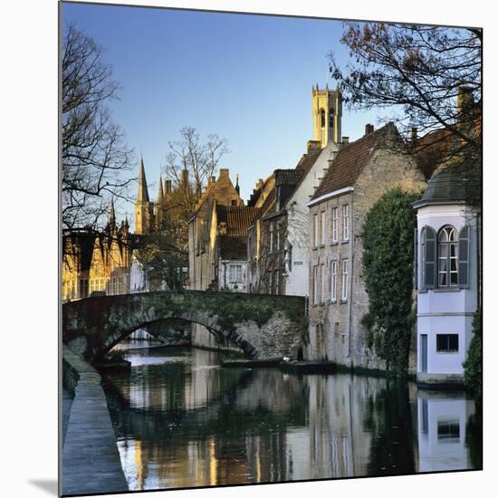 Canal View with Belfry in Winter, Bruges, West Vlaanderen (Flanders), Belgium, Europe-Stuart Black-Mounted Premium Photographic Print