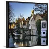 Canal View with Belfry in Winter, Bruges, West Vlaanderen (Flanders), Belgium, Europe-Stuart Black-Framed Photographic Print