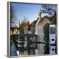 Canal View with Belfry in Winter, Bruges, West Vlaanderen (Flanders), Belgium, Europe-Stuart Black-Framed Photographic Print