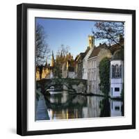 Canal View with Belfry in Winter, Bruges, West Vlaanderen (Flanders), Belgium, Europe-Stuart Black-Framed Photographic Print