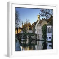 Canal View with Belfry in Winter, Bruges, West Vlaanderen (Flanders), Belgium, Europe-Stuart Black-Framed Photographic Print