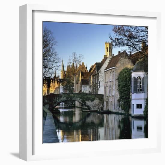 Canal View with Belfry in Winter, Bruges, West Vlaanderen (Flanders), Belgium, Europe-Stuart Black-Framed Photographic Print