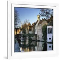 Canal View with Belfry in Winter, Bruges, West Vlaanderen (Flanders), Belgium, Europe-Stuart Black-Framed Photographic Print