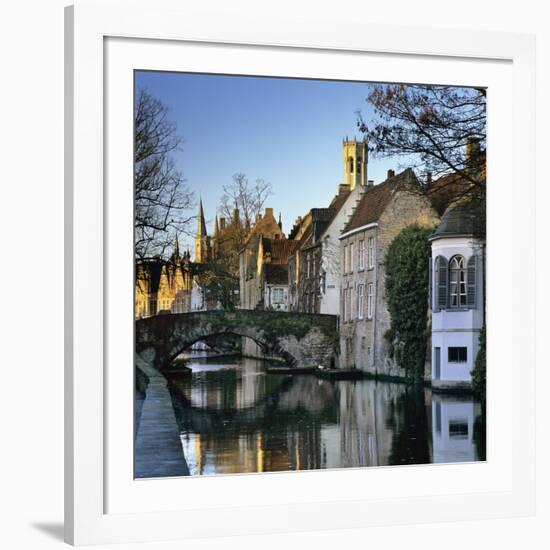 Canal View with Belfry in Winter, Bruges, West Vlaanderen (Flanders), Belgium, Europe-Stuart Black-Framed Photographic Print